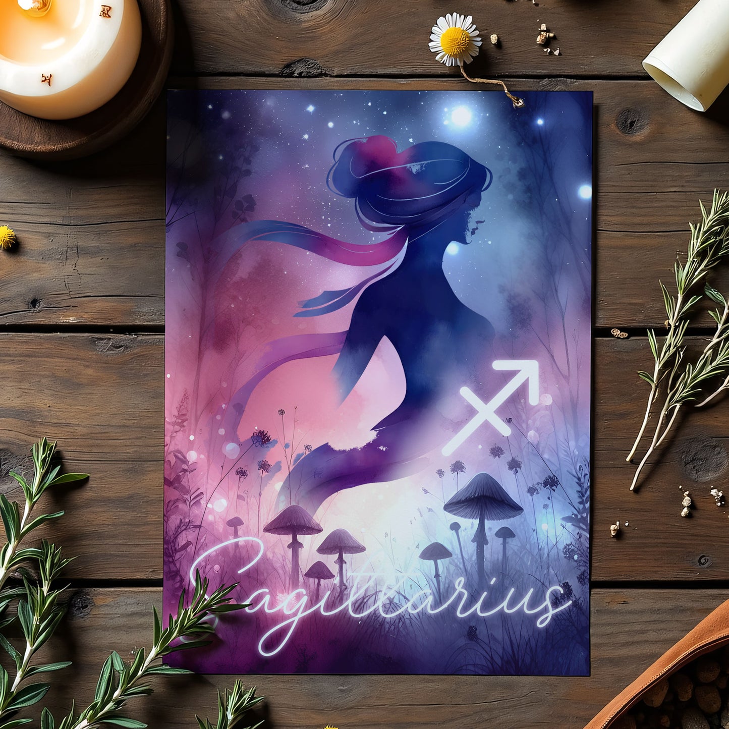 Sagittarius – Zodiac Sign Card with Constellation & Crystals – A6 Astrology Art Print for Journaling or Gift – ZC429