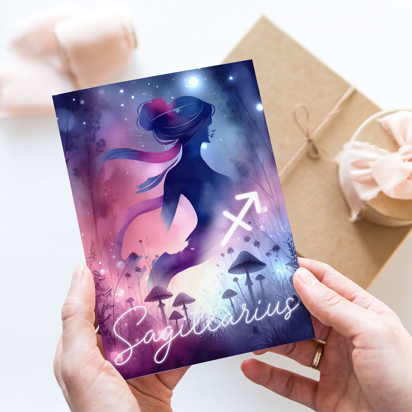 Sagittarius – Zodiac Sign Card with Constellation & Crystals – A6 Astrology Art Print for Journaling or Gift – ZC429