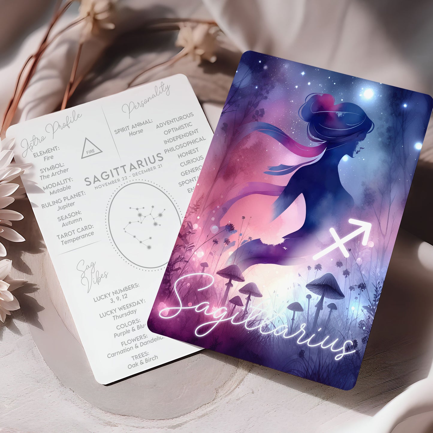 Sagittarius – Zodiac Sign Card with Constellation & Crystals – A6 Astrology Art Print for Journaling or Gift – ZC429
