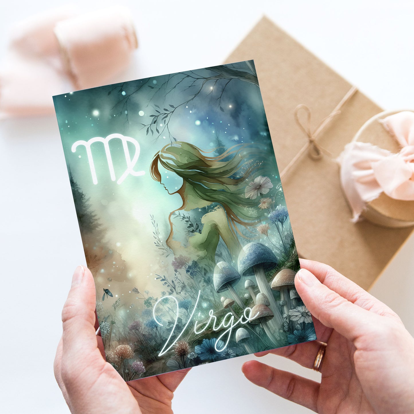 Virgo – Zodiac Sign Card with Constellation & Crystals – A6 Astrology Art Print for Journaling or Gift – ZC431