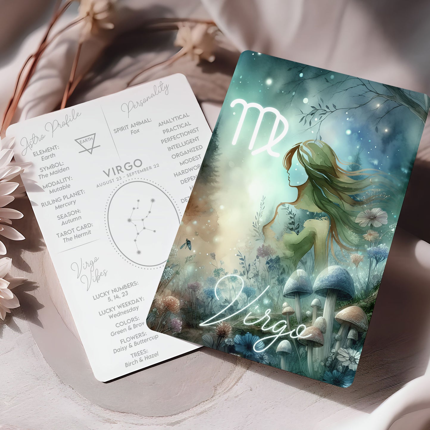 Virgo – Zodiac Sign Card with Constellation & Crystals – A6 Astrology Art Print for Journaling or Gift – ZC431