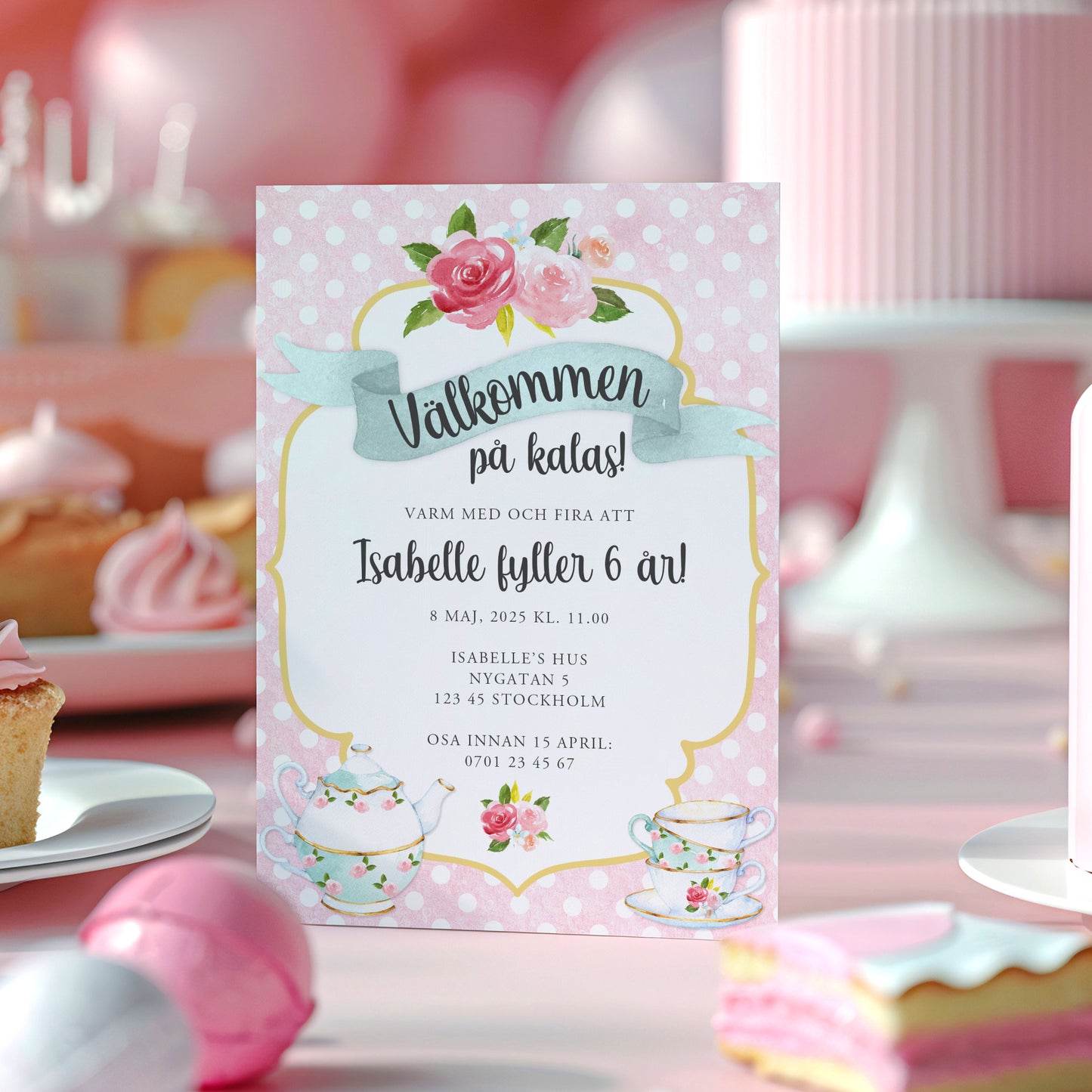 Barnkalas Inbjudningskort – Tekoppar Polkadot Rosa – A6 Tryckt Kort för Födelsedagskalas BK001r