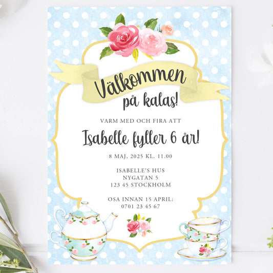 Barnkalas Inbjudningskort – Tekoppar Polkadot Blå – A6 Tryckt Kort för Födelsedagskalas BK001b