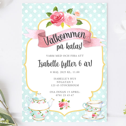 Barnkalas Inbjudningskort – Tekoppar Polkadot Turkos – A6 Tryckt Kort för Födelsedagskalas BK001t