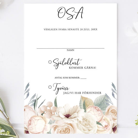 OSA-kort med kuvert (8 färger) – A6 Vintage Mr & Mrs Vita blommor – Bröllopskort BR001