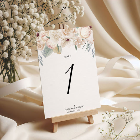 Bordsnummerkort till bröllop – Vintage Mr & Mrs Vita blommor – Tryckt kort för dukning och bordsplacering BR001