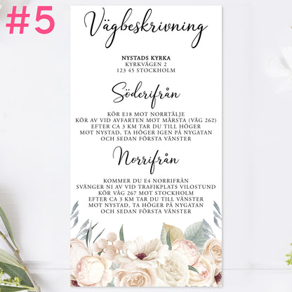 BR001-5 - Vägbeskrivning - Vitblommig Mr & Mrs - Tryckt bröllopskort