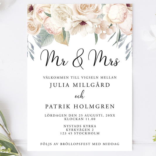 Vintage blommig bröllopsinbjudan – Mr & Mrs tryckt kort – BR001