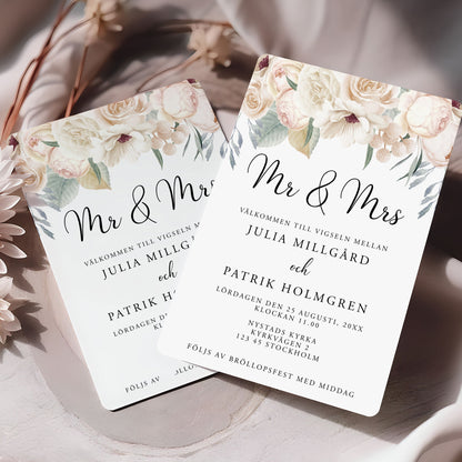 Vintage blommig bröllopsinbjudan – Mr & Mrs tryckt kort – BR001