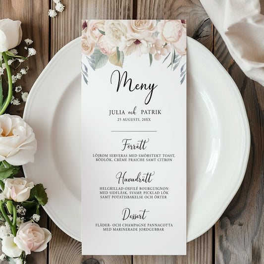 Menykort till bröllop – Vintage Mr & Mrs Vita blommor – Tryckt kort för bröllopsmeny BR001
