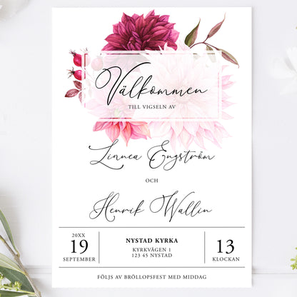 Burgundy Dahlia Bröllopsinbjudan – Modernt blommigt kort – BR002