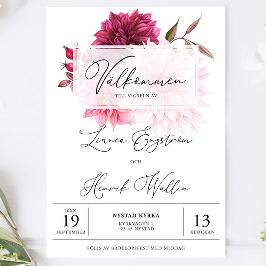 Burgundy Dahlia Bröllopsinbjudan – Modernt blommigt kort – BR002