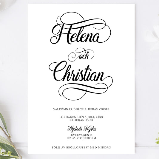 Bröllopsinbjudan med modern script stil – minimalistiskt svartvitt kort – BR004
