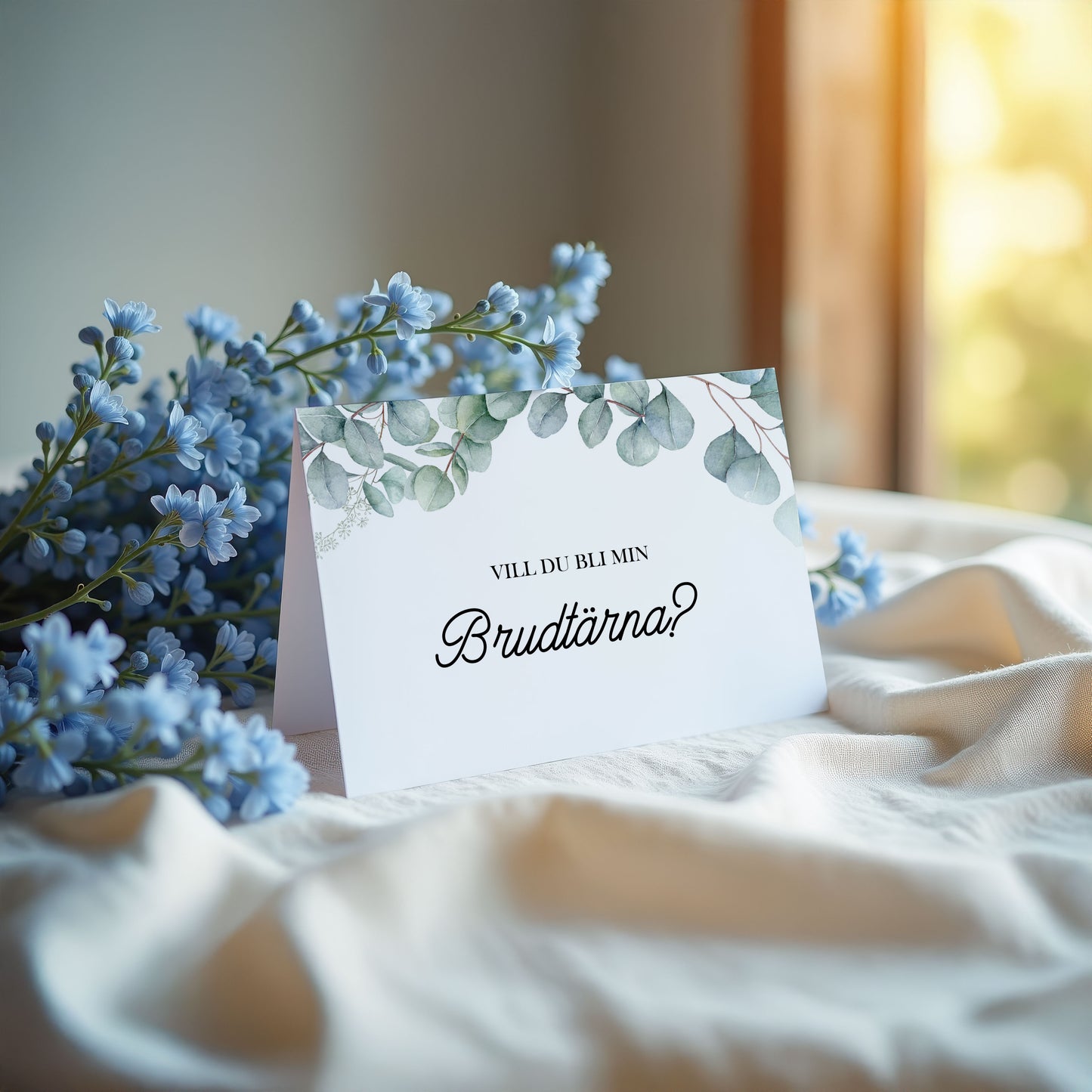 Vill du bli-kort – Eucalyptus Elegant – A6 Tryckt fråga till brudfölje BR005