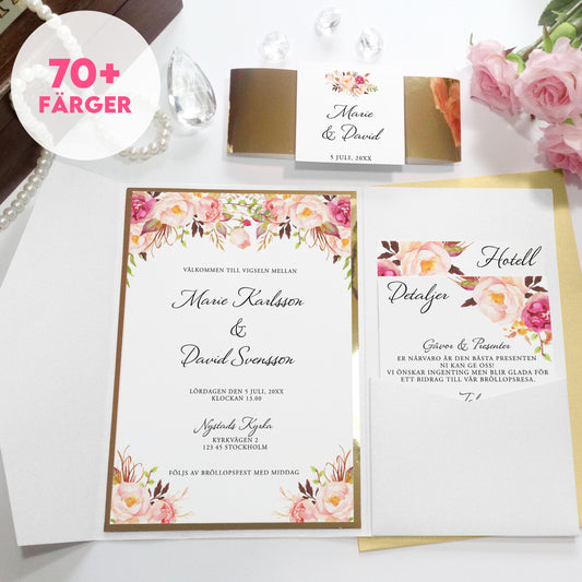Pocket Bröllopsinbjudan - Peach & Blush Blommig Romantisk somrig design – BR006