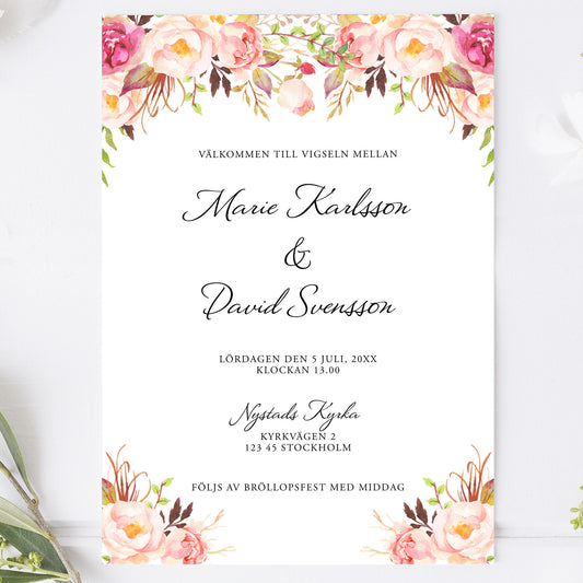 Peach & Blush Blommig Bröllopsinbjudan – Romantisk somrig design – BR006