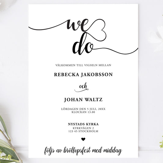 We Do bröllopsinbjudan – modern svartvit design – BR007