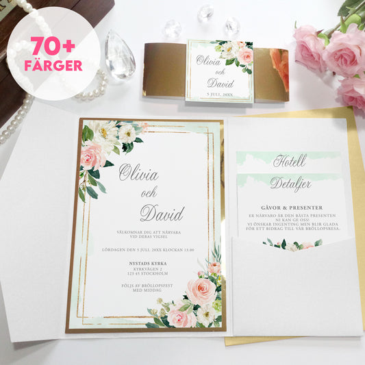 Pocket Bröllopsinbjudan - Mint & Guld Rosa, blommig, somrig design – BR009
