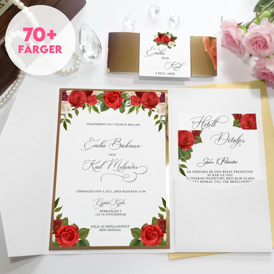 Pocket Bröllopsinbjudan - Röda rosor romantiskt kort med blommor – BR010