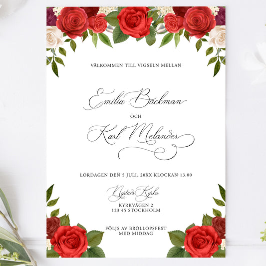 Bröllopsinbjudan med röda rosor – romantiskt kort med blommor – BR010