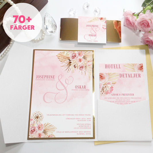 Pocket Bröllopsinbjudan - Rosa Boho rosa akvarell & pampasdesign – BR011