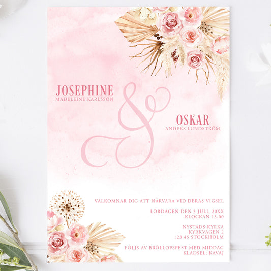 Rosa Boho bröllopsinbjudan – rosa akvarell & pampasdesign – BR011