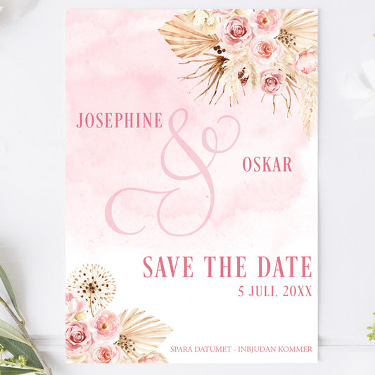 Save the Date-kort – Rosa Boho akvarell & pampasdesign - A6 Tryckt kort för bröllopsdatum BR011