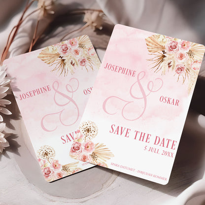 Save the Date-kort – Rosa Boho akvarell & pampasdesign - A6 Tryckt kort för bröllopsdatum BR011