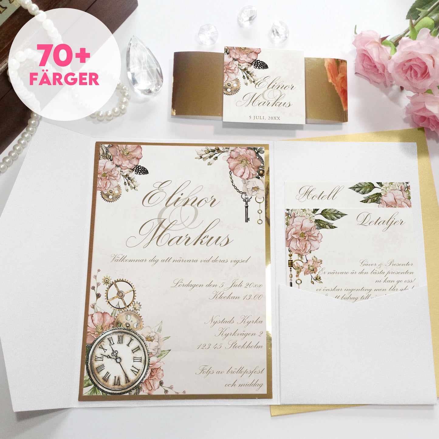 Pocket Bröllopsinbjudan - Steampunk vintageklocka och blommönster – BR012