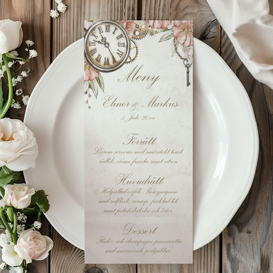 Menykort till bröllop – Steampunk vintageklocka och blommönster – Tryckt kort för bröllopsmeny BR012