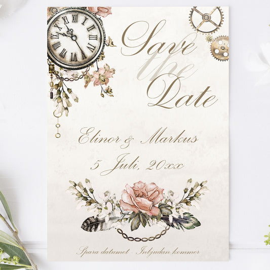 Save the Date-kort – Steampunk vintageklocka och blommönster - A6 Tryckt kort för bröllopsdatum BR012