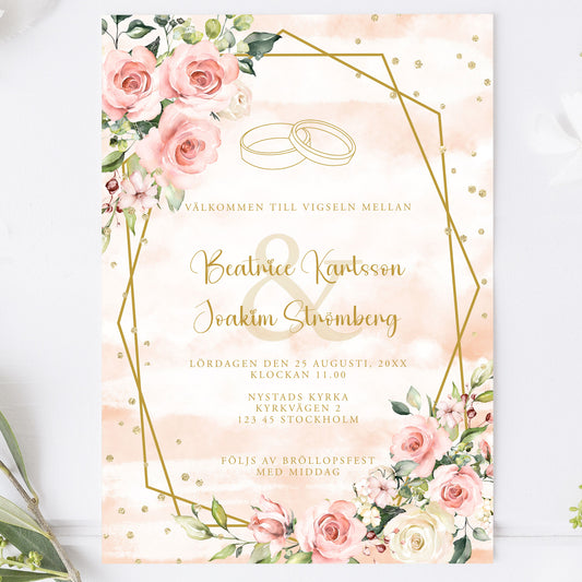Romantisk bröllopsinbjudan – Rosa & Vita Blommor m gulddetaljer  – BR013