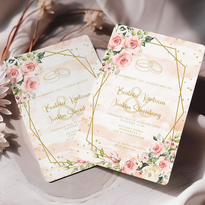 Romantisk bröllopsinbjudan – Rosa & Vita Blommor m gulddetaljer  – BR013
