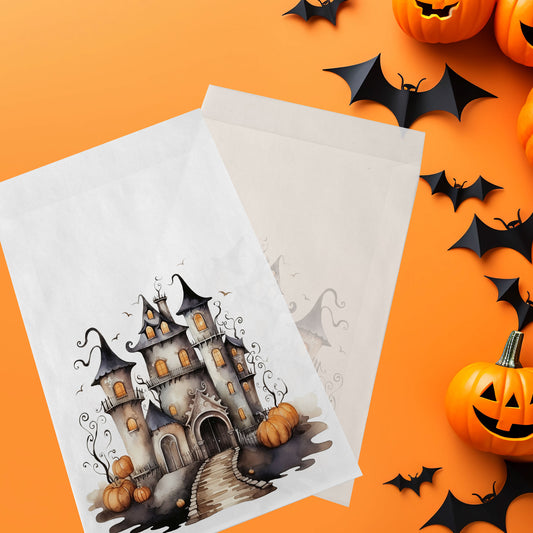 10-pack Halloween-godispåsar – Spökhus - Bus eller godis – A6 platta pappersgodispåsar – GB305