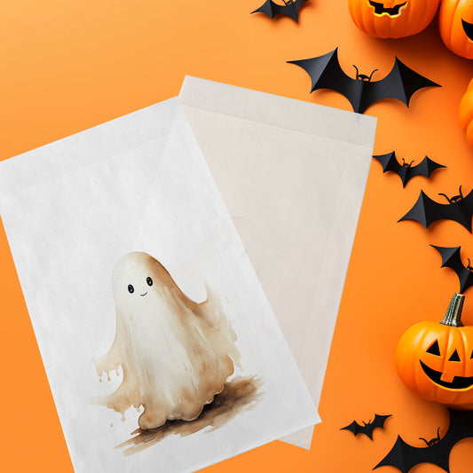 10-pack Halloween-godispåsar – Gulligt Spöke - Bus eller godis – A6 platta pappersgodispåsar – GB306