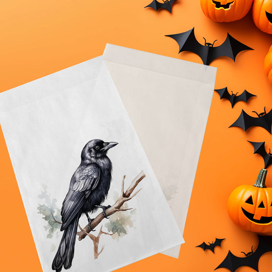 10-pack Halloween-godispåsar – Svart Kråka - Bus eller godis – A6 platta pappersgodispåsar – GB307