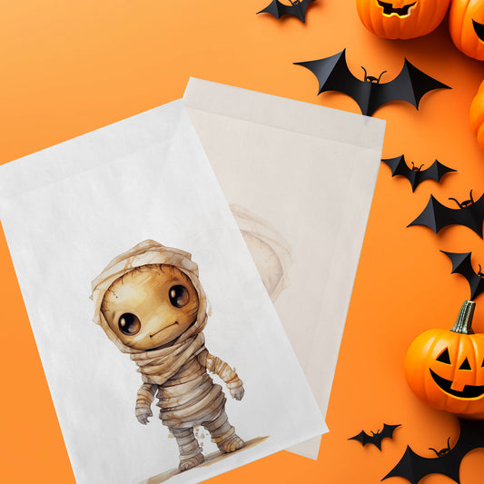 10-pack Halloween-godispåsar – Söt Mumie - Bus eller godis – A6 platta pappersgodispåsar – GB308