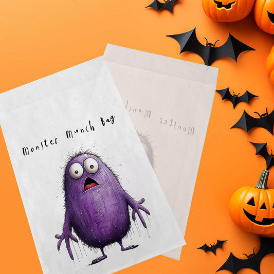 10-pack Halloween-godispåsar – Lila Monster - Bus eller godis – A6 platta pappersgodispåsar – GB310