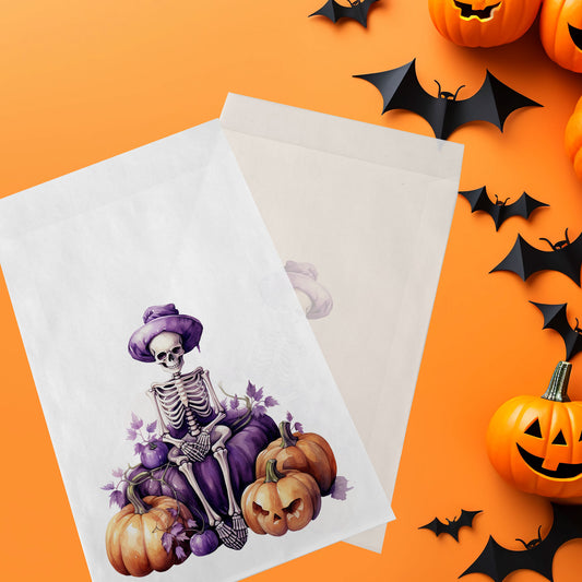10-pack Halloween-godispåsar – Lila Skelett - Bus eller godis – A6 platta pappersgodispåsar – GB311
