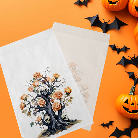 10-pack Halloween-godispåsar – Träd med dödskallar och pumpor - Bus eller godis – A6 platta pappersgodispåsar – GB313