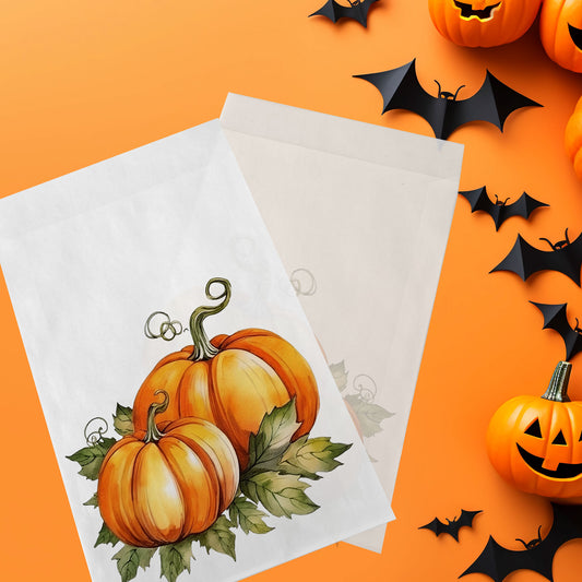 10-pack Halloween-godispåsar – Höstpumpor - Bus eller godis – A6 platta pappersgodispåsar – GB314