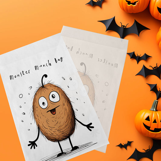 10-pack Halloween-godispåsar – Brunt Monster - Bus eller godis – A6 platta pappersgodispåsar – GB315