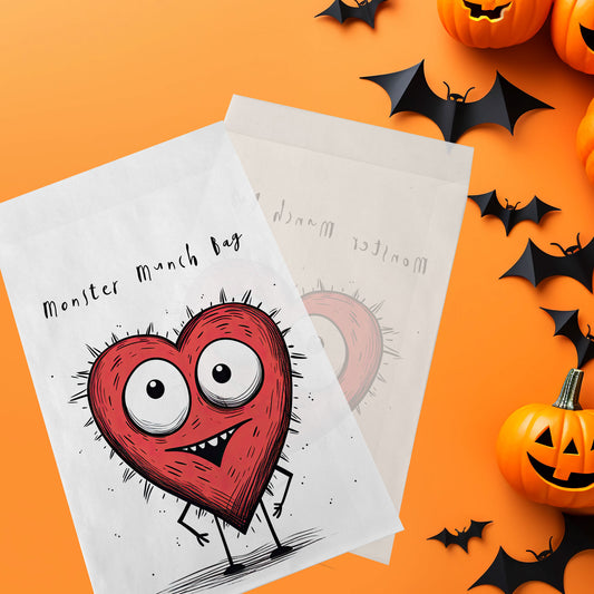 10-pack Halloween-godispåsar – Rött Hjärt-monster - Bus eller godis – A6 platta pappersgodispåsar – GB316