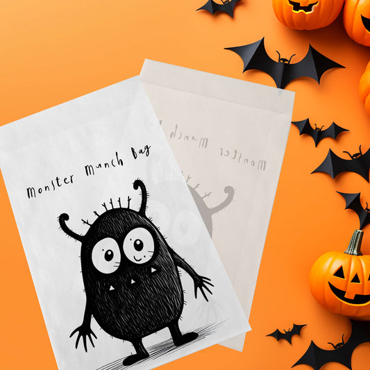 10-pack Halloween-godispåsar – Svart Monster - Bus eller godis – A6 platta pappersgodispåsar – GB317