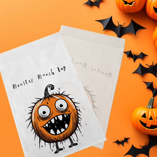 10-pack Halloween-godispåsar – Orange Pumpa Monster - Bus eller godis – A6 platta pappersgodispåsar – GB319