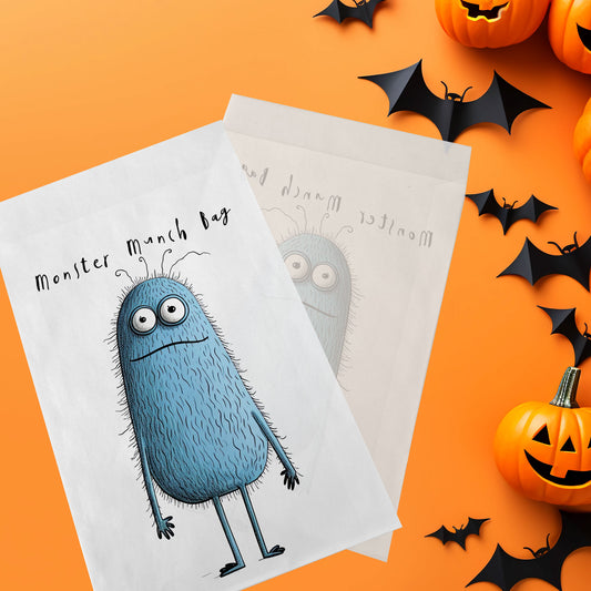 10-pack Halloween-godispåsar – Blått Monster - Bus eller godis – A6 platta pappersgodispåsar – GB321