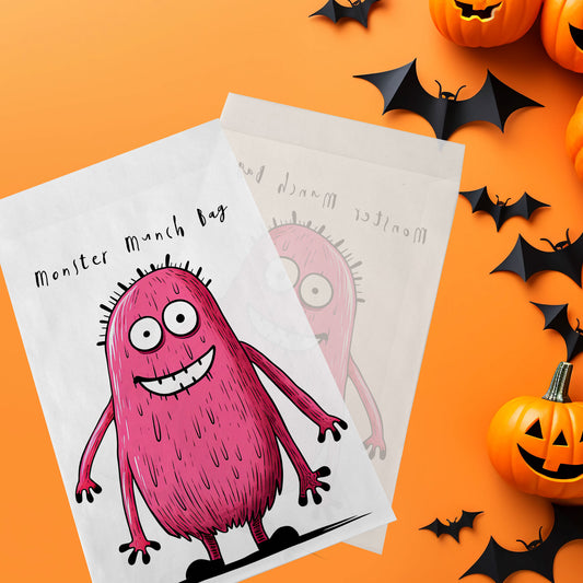 10-pack Halloween-godispåsar – Rosa Monster - Bus eller godis – A6 platta pappersgodispåsar – GB322