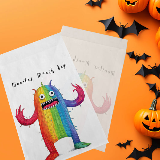 10-pack Halloween-godispåsar – Regnbågs-Monster - Bus eller godis – A6 platta pappersgodispåsar – GB323
