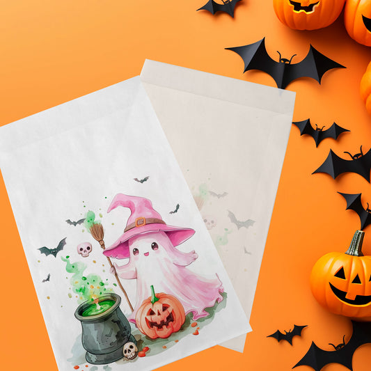10-pack Halloween-godispåsar – Rosa Spöke som häxa - Bus eller godis – A6 platta pappersgodispåsar – GB324