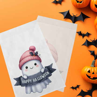 10-pack Halloween-godispåsar – Rosa Spöke Skylt - Bus eller godis – A6 platta pappersgodispåsar – GB326